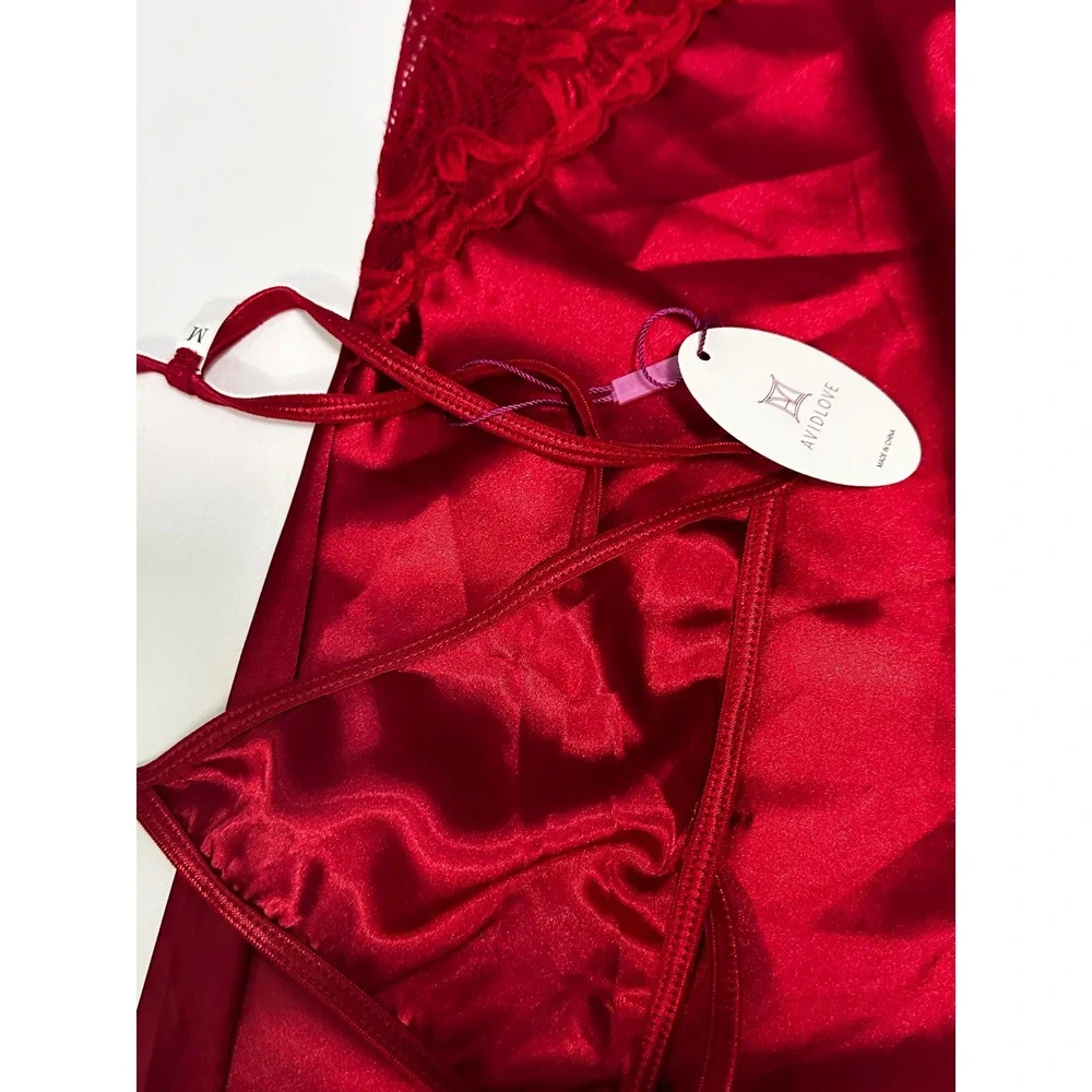 Avidlove Lingerie Set Lace‎ Babydoll Satin Chemise Sleepwear Red